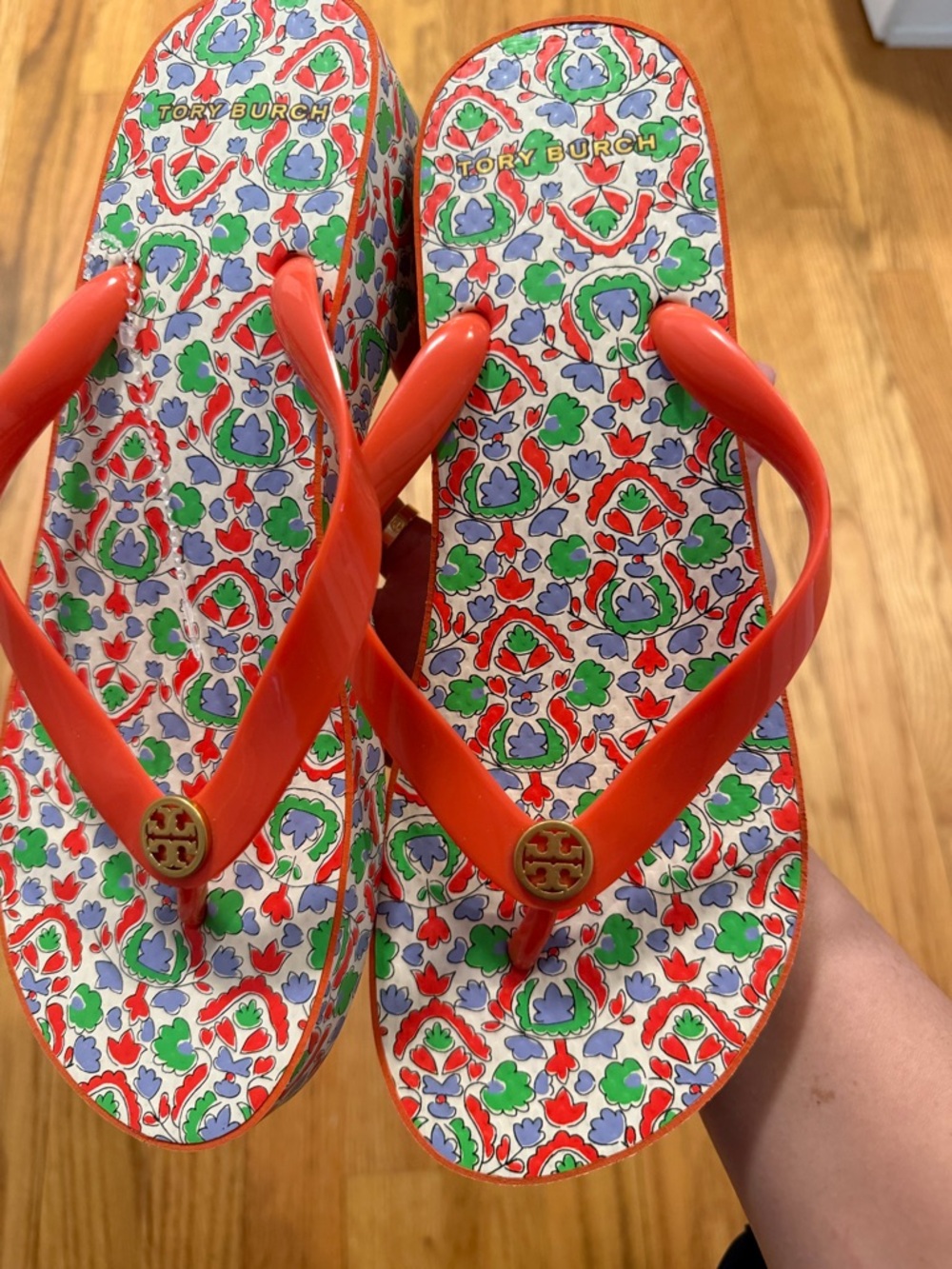 Tory Burch Floral Platform Flip Flops - Orange Straps NWOT Size 8 Wedge